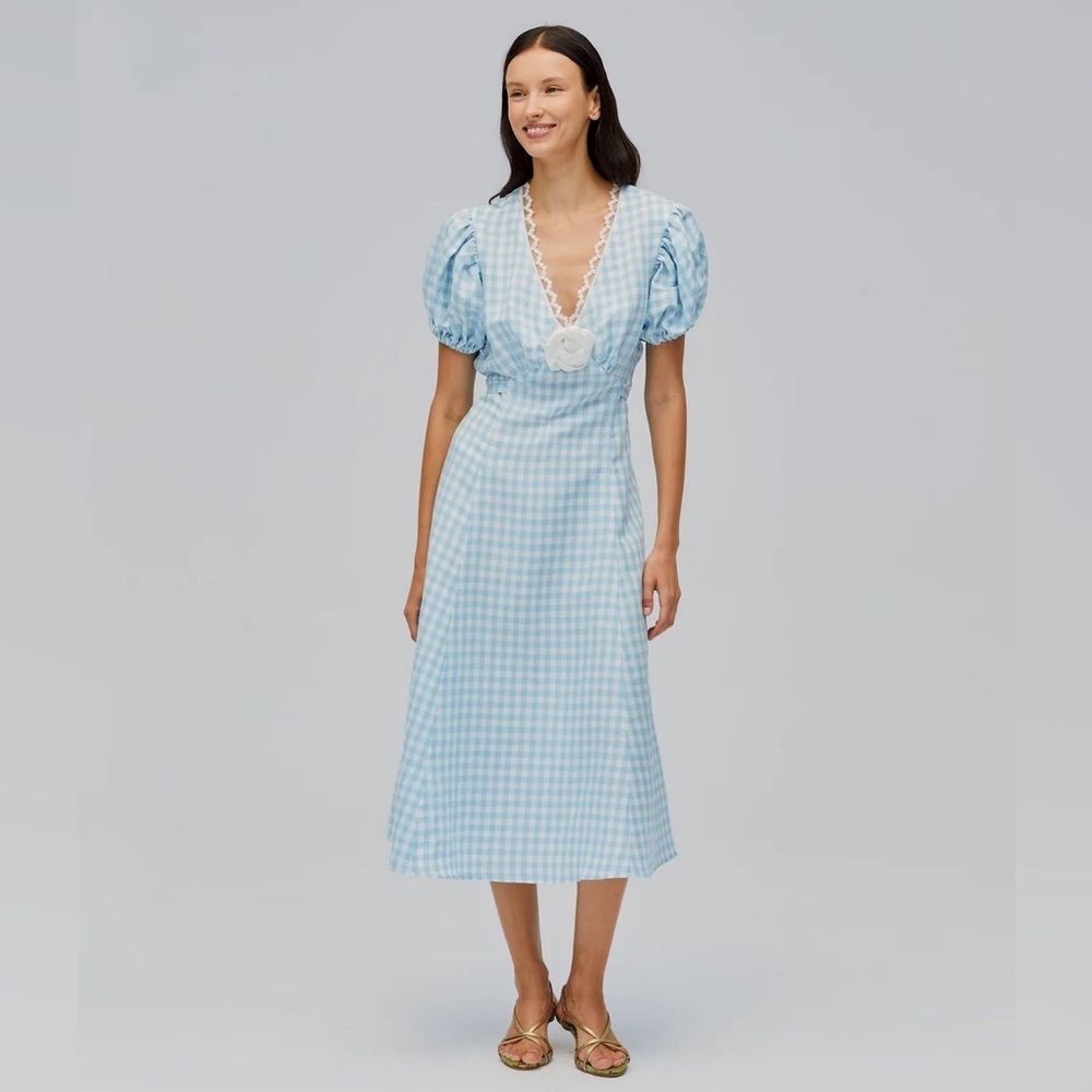 NWT SLEEPER The Genus Rosa Linen Blend Gingham Midi Dress in Blue Vichy Sz XL